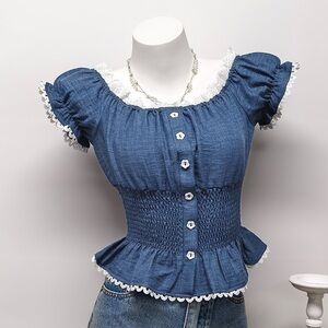 🩵Hello Gorgeous! Lace-Trim Smocked Peplum Top - Blue